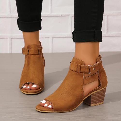 Women's Peep Toe Booties Toe Ankle Booties Chunky Heels Cutout Back Zipper Sandals Suede Side Ankle Strap Dress Sandals Strap Evening Party Shoes4