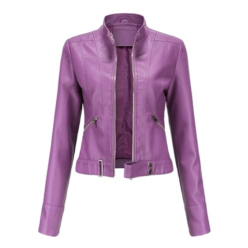 Silunma2021 Chaquetas cortas finas de color sólido para mujer, con cremallera, manga larga, abrigos de cuero, casual, vintage, cómoda, ropa exterior (morado, XXL)