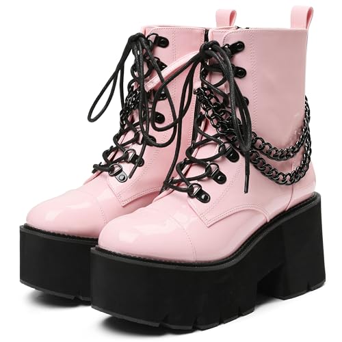 CYNLLIO Platform Boots for Women Chain Block Chunky Heel Ankle Boots Pink Short Boots High Heel Combat Boots Gothic Shoes Goth Motorcyle Boots