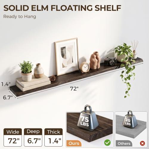 Image of Live Edge Elm Floating Shelves - 72 In Rustic Solid Wood Shelves with Heavy-Duty Invisible Bracket, Wall-Mounted Wooden Shelf for Living Room, Bathroom, Kitchen Storage & Display, Set of 1, Walnut