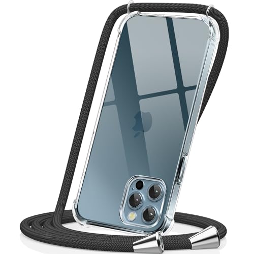 CAROKI for iPhone 12/12 Pro Case with Strap, [Sleek Black Cord] Slim Clear TPU Protective Bumper, Adjustable Hands-Free Neck Strap & Crossbody Lanyard - 6.1 Inch