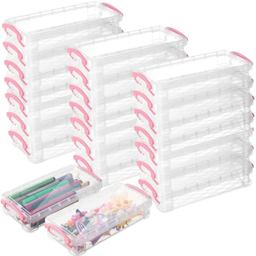 Image of Gueevin 24 Pcs Large Capacity Plastic Pencil Box Clear Plastic Pencil Case Crayon Box with Snap Tight Lid Watercolor Pen Storage Brush Organizer Drawing Tools Container (Pink)