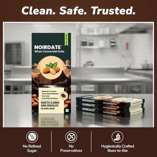 Image of NoirDate Roasted Almond Dark Chocolate - 15g, Bean to Bar, Sweetened with Dates, Refined Sugar Free, Clean Label, Healthy & Guilt-Free, Vegan, Rich in Antioxidant (Pack of 6)