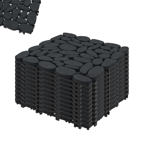 HENGMEI Tapis en pierre naturelle ardoise - 30 x 30 cm - 1 m² = 11 dalles de terrasse - Mosaïque en marbre - Dalles de balcon à clipser - Revêtement de sol pour balcon, jardin (disques en pierre noirs