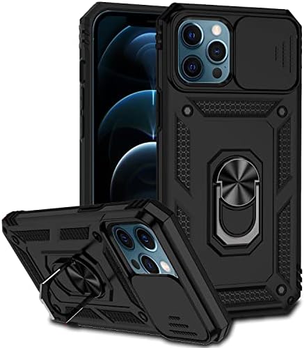 Hitaoyou iPhone 12 Pro Max Case with Camera Cover & Kickstand, Slide Lens Protection + 360° Rotate Ring Stand, Impact-Resistant, Shockproof, Protective Bumper,Covers for iPhone 12 pro max Black