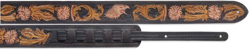 Stagg - Cinghia per chitarra in vera pelle, con intaglio aquile, colore: Nero / Marrone