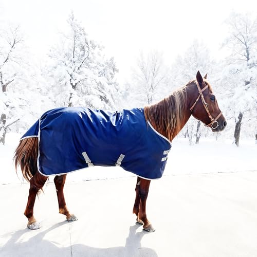 Image of 1200D Horse Blanket Winter Water Resistant 220g Polyester Fiber Filling Liner 1200D Premium Turnout Horse Blanket,Medium Weight Blanket 81 inches,155cm Deep Blue
