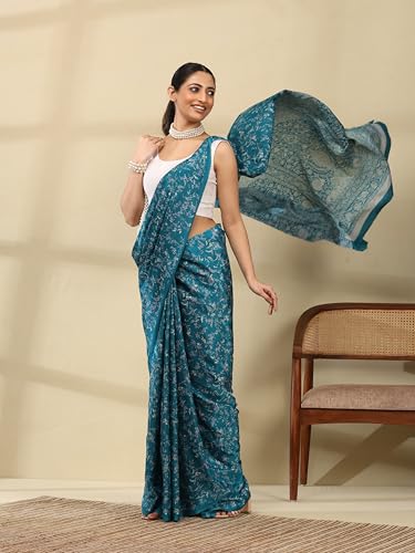 Image of Garden Vareli Floral Print Crepe Saree With Unstitched Blouse Piece