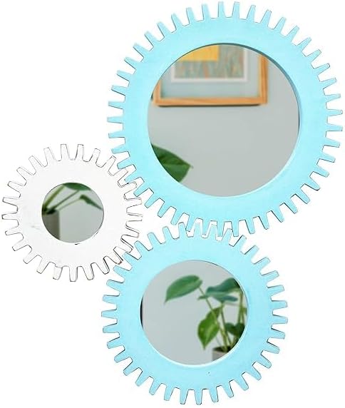 Wooden Wall Mirror for Bathroom, 30X25 inches Set of 3 Handmade Wooden Gear Shaped Wall Mirror for Home Round Shape Wall Decor