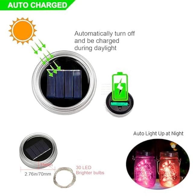 Solar Mason Jar Lights Lids, 10 Pack 30 LED Solar Fairy Lights for Regular Mouth Mason Jars, Outdoor Hanging Mason Jar Lights for Garden Yard Decor, Wedding (Jars Not Included)