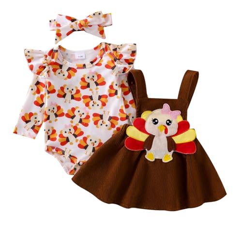 Image of Saliuentm Baby Girl Christmas Thanksgiving Halloween Outfit Ruffled Romper Corduroy Suspender Skirts Sets Fall Winter Clothes