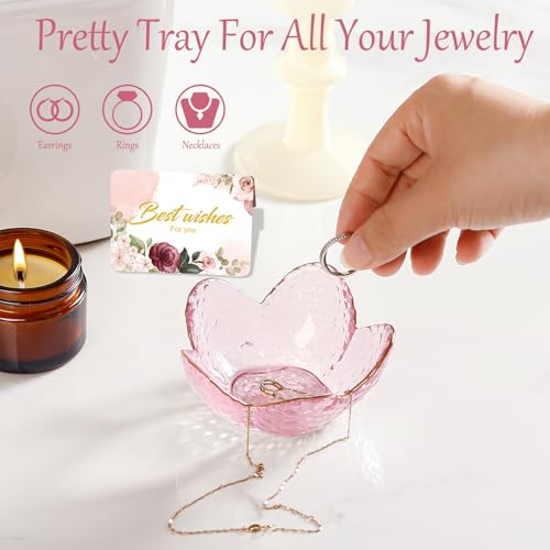 Image of Gifts for Women Pink Flower Ring Dish Glass Jewelry Dish Jewelry Tray Cute Vanity Organizer Room Decor Aesthetic Nightstand Bathroom Decor Trinket Dish Ring Holder Dish Jewellery Tray Valentine's Gift