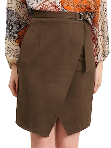 Allegra K Women's Faux Suede Skirt 2023 Fall Front Slit Faux Wrap Knee Length Pencil Skirts