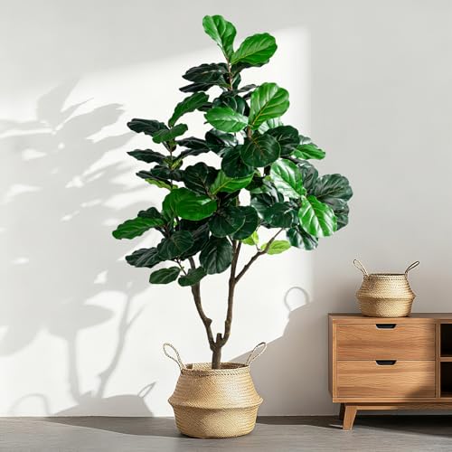 Image of Erimda Artificial Fiddle Leaf Fig Tree 6ft with White Planter Realistic Fiddle Leaf Lyrata Plant Tall Fake Tree with Natural-Looking Leaves Fake Tree for Indoor Outdoor Home Office Decor