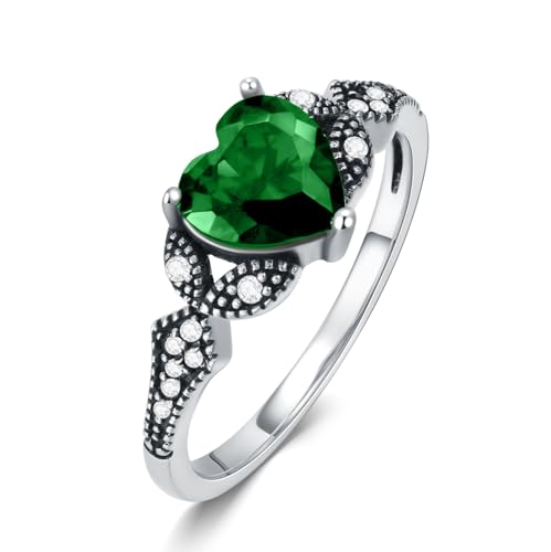 AOBOCO 2ct Vintage Birthstone Heart Ring 925 Sterling Silver Retro Oxidized Band Ring with Crystal from Austria, Birthday Anniversary Jewelry Gifts for Women Her