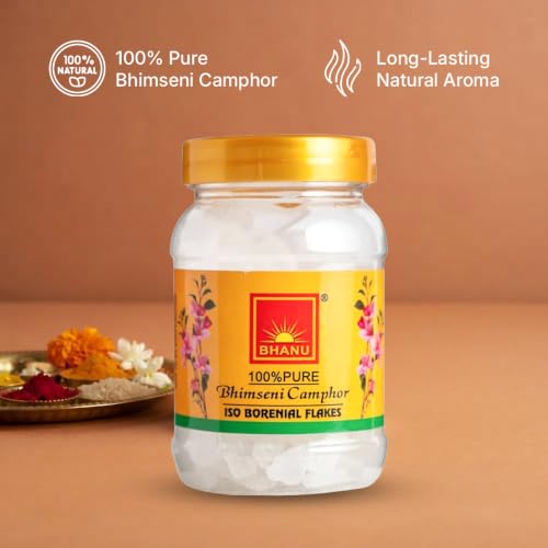 Image of BHANU 100g Pure and Original Bhimseni Camphor Jar | Refreshing Fragrance Aromatic Kapooram | Diffuser Camphor for Pooja, Hawan | Zero Residue Aarti Kapoor