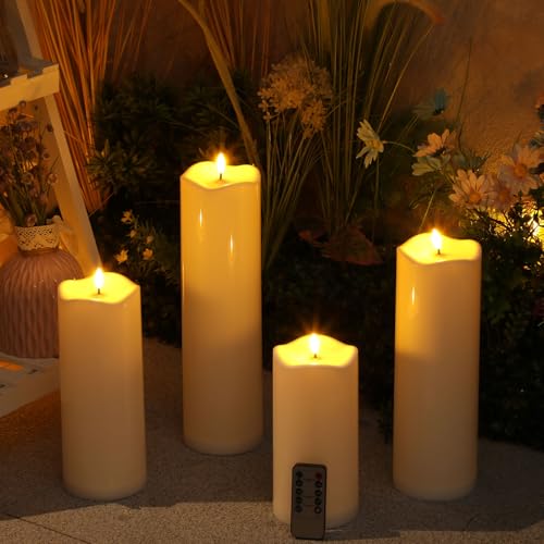 Image of Rossesay 8 inch 10 inch 12 inch 14 inch x 4 inch Large Waterproof Outdoor Flameless Candles, 4 Pcs LED Pillar Candles with Remote and Timers Battery Operated Jumbo Flickering for Home Patio Church Lanterns(White)