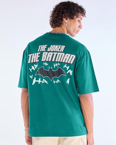 Image of Bewakoof Official DC Merchandise Batman Men's Graphic Print Super Loose Fit Half Sleeve Round Neck Pure Cotton T-Shirt