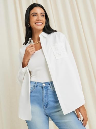 Image of Styli Women Oversized Shirt with Schiffli Front Pocket | Stylish Casual Shirt for Office, Party Outfits