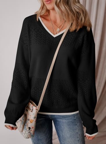Image of SHEWIN Women's Sweaters Casual Long Sleeve V Neck Crewneck Lightweight Crochet Pullover Sweater Tops