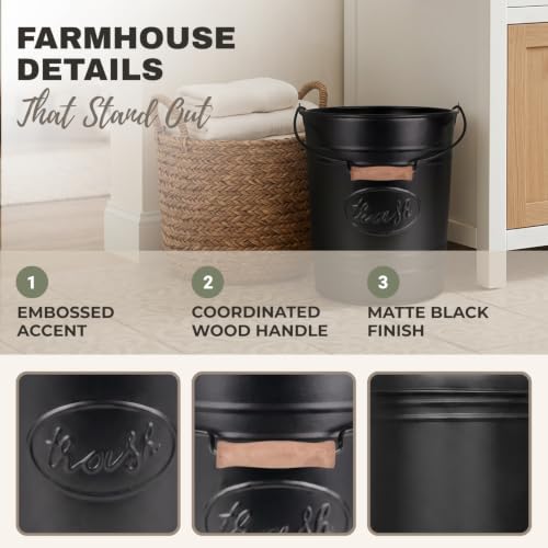 Image of Autumn Alley Black Farmhouse Bathroom Trash Can, Wooden Handle, 2 Gallon