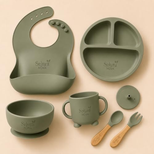 Image of Silicone Baby Feeding Set for Baby Led Weaning, 6 Months+ | 6 Pcs Sage Green Tableware Set, BPA Free Food Grade - Bowl, Divided Plate, Adjustable Bib, Cup, Spoon & Fork | Baby Gift