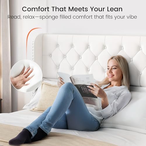 LARMACE-King-Size-Bed-Frame-with-4-Storage-Drawers-and-Wingback-Headboard-Velvet-Upholstered-Platform-Bed-Frame-Tufted-Beds-with-Wooden-Slats-Support-Easy-Assembly-White