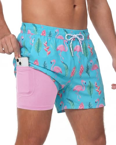 Sixfish Mens Swim Trunks with 4 Inch Compression Liner 2 in 1 Quick Dry Board Shorts with Zipper Pockets & Chafe-Reducing Comfort for Beach Vacation & Pool Parties Flamingo