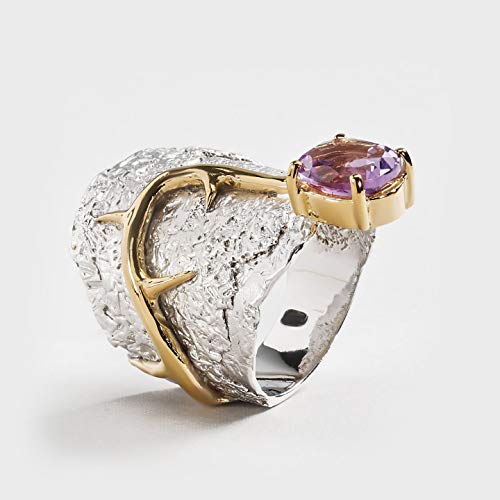 German Kabirski 2.35 Carat Purple Amethyst Handmade Barrel Ring In 925 Sterling Silver With Gold And White Rhodium Plating Size 10 #TOP2