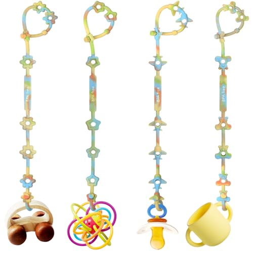 Image of Toy Safety Straps for Baby, 4-Pack Silicone Pacifier Clips, Silicone Baby Toy Bottle Teether Bungee Straps for Stroller Car Seat High Chair Crib Toy Accessories Busy Baby Links Rings Travel Essentials