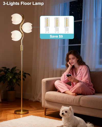 Image of Lightdot 62IN Gold Floor Lamp Stepless Dimmable Bud-Shaped Floor Lamps with 3Pcs 3000K G9 Bulbs Included Eye-Friendly Mid Century Standing Lamps for Living Room /Bedroom /Sofa Beside /Corner Decor