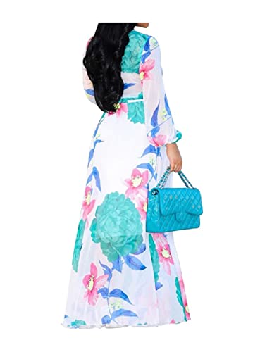 Image of lvenzse Womens Maxi Dress Boho Chiffon Floral Printed Long Party Dresses Plus Size with Belt (FBA)