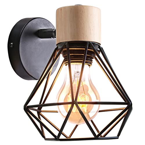iDEGU Applique Murale Industrielle Design Cage en Métal Lampe Murale Bois Décoration Ajustable Vintage Luminaire Interieur pour Chambre Couloir Salon, 16CM (Style-B Noir 1Pack)