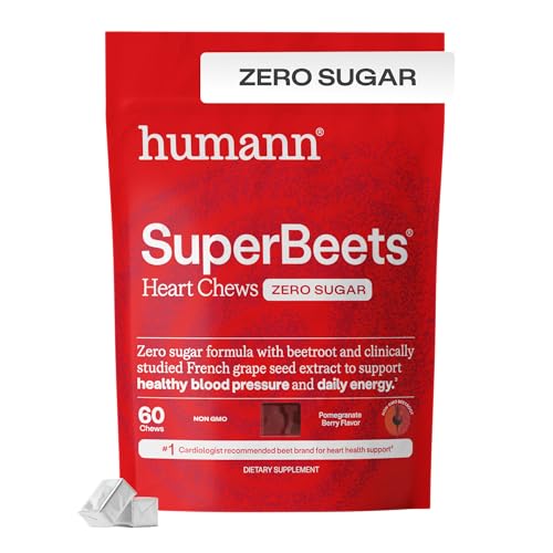 Humann SuperBeets Heart Chews Zero Sugar Beet Root Supplement Energy Nitric Oxide and Blood Pressure Support Grape Seed Extract & Non-GMO Heart Health Pomegranate Berry Flavor 60 Count