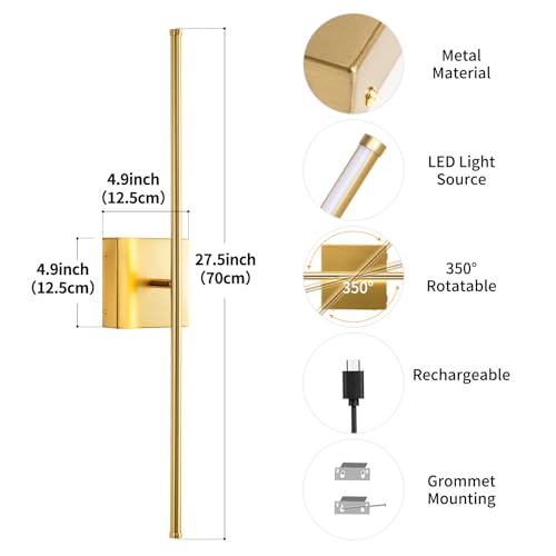 Image of Battery Operated Wall Sconces Set of Two Wireless with Remote Control,350Rotate,3000K-6000K Gold Modern LED Rechargeable Indoor Wall Lights for Living Room,Bedroom,Stairs,27.5 Inch (2 Pack)