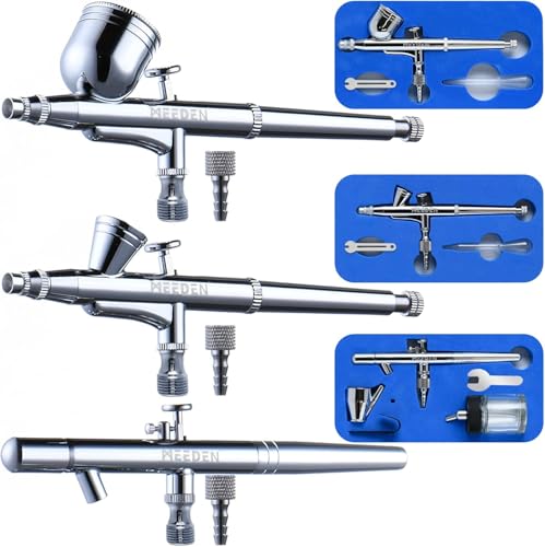 MEEDEN 3 PCS Airbrush Set, 0.25, 0.35, 0.5mm Nadeln vorgerüstet, Dual-Action 2 PCS Schwerkraftzufuhr und 1 PCS Siphonzufuhr, Airbrush Pistolenzubehör für Kunst, Modellbau, Tattoos, Tortendekoration