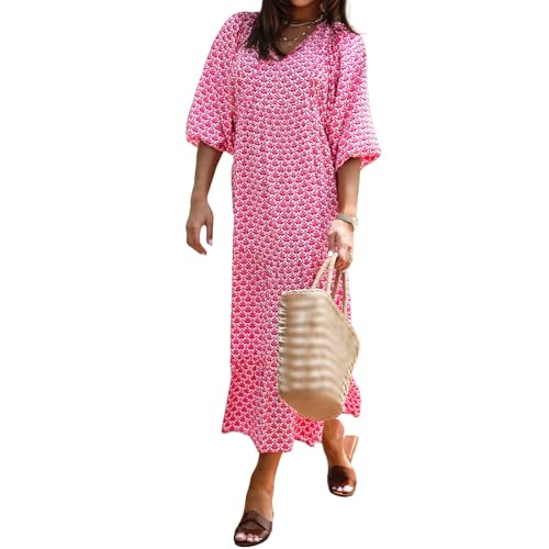 Boho Maxi Dresses for Women Summer Loose V Neck Puff Short Sleeve Dress Casual Flowy Floral Tiered Beach Sundress3
