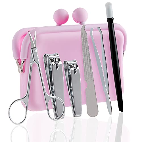 Beauty Concepts Manicure Set, 6 Piece Travel Manicue Set in Rubber Clutch, Manicure and Pedicure Tool Set with 2 Nail Clippers, Nail Scissors, Nail Filer, Tweezer and Cuticle Pusher (Baby Pink)