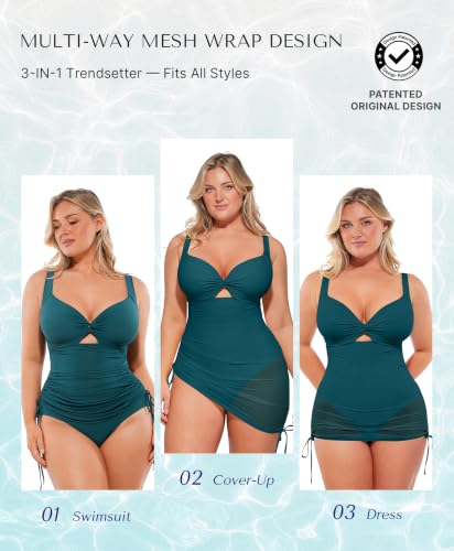 Image of SHAPELLX Tummy Control One Piece Swimsuit with Mesh Wrap Skirt Swim Dress