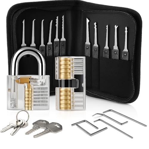 Juego de ganzúas de cerradura [versión actualizada 2025] Kit profesional de selección de cerraduras de 26 piezas con 2 candados y llaves transparentes de práctica – Herramientas de selección de