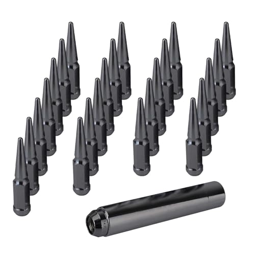 Image of 24PC M14x2 Spiked Lug Nuts 4.4 inch Black Bullet Cone Seat w /Socket Key | Fit F-150 /Silverado 1500 /Ram 1500 /Land Cruiser (60 Conical)