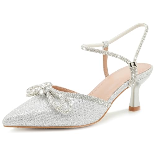 Women's Rhinstone Wedding Low Heel Slingback Kitten Heels, Adjustable Strap Pointed Toe Bow Pumps Prom Dress Shoes