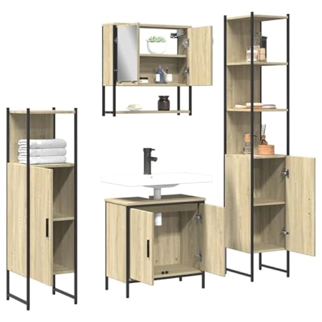 Smoked Oak Engineered Wood 4 Piece Bathroom Furniture Set with Ample Storage, Space-Saving Vanity Cabinet Solution for Tidy Home Organization