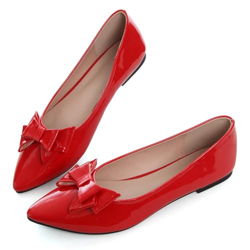 JiangWei Shu Women's Flats Elegant Bow Pointed Toe Flats Shoes PU Leather Slip On Ballet Flats for Women4
