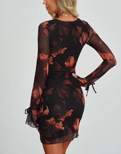 Image of HYPERFIRE Women's Mesh Long Sleeve Square Neck Split Hem Party Club Cocktail Bodycon Mini Dress