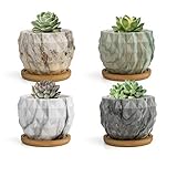 FairyLavie Plantador Moderno de 10CM para Plantas de Interior, Maceta de Suculentas de Cerámica con Bandeja de Bambú, Decoración de Hogar y Oficina, 4PCS