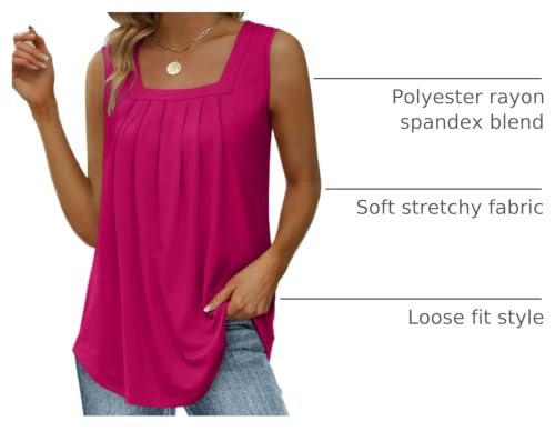 Image of Saloogoe Summer Tank Tops for Women Loose Fit Pleated Square Neck Sleeveless Tops Curved Hem Flowy
