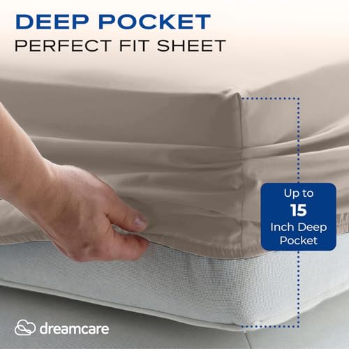 Image of DREAMCARE Full Size Sheets - Cooling Sheets - 4pcs Set - up to 15 inch Deep Pocket Full Sheet Set - Sheets Full Size Bed - Soft & Long Lasting 100% Fine Brushed Polyester with Side Pocket - Beige