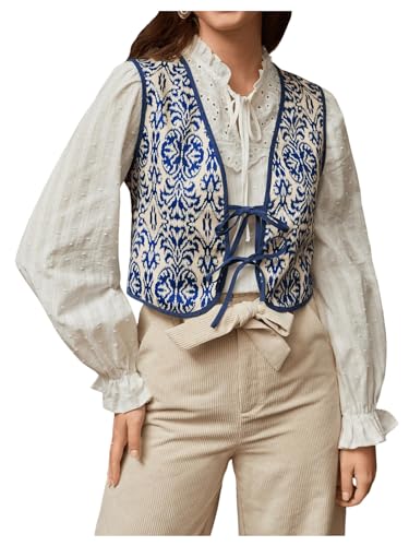 WDIRARA Women's Boho Print Tie Front Sleeveless Tank Top Vintage Vest Top Waistcoat