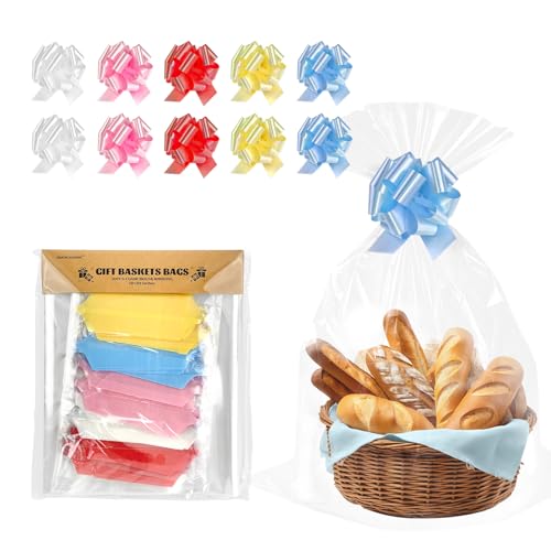 EKAPACKAGING 22x25 Inches 10 Pcs Large Cellophane Bags for Gift Baskets, Plastic Gift Basket Wrapping with Pull Ribbons, Clear Cellophane Gift Bags for Party, Mother’s Day, Baby Showers, Christmas